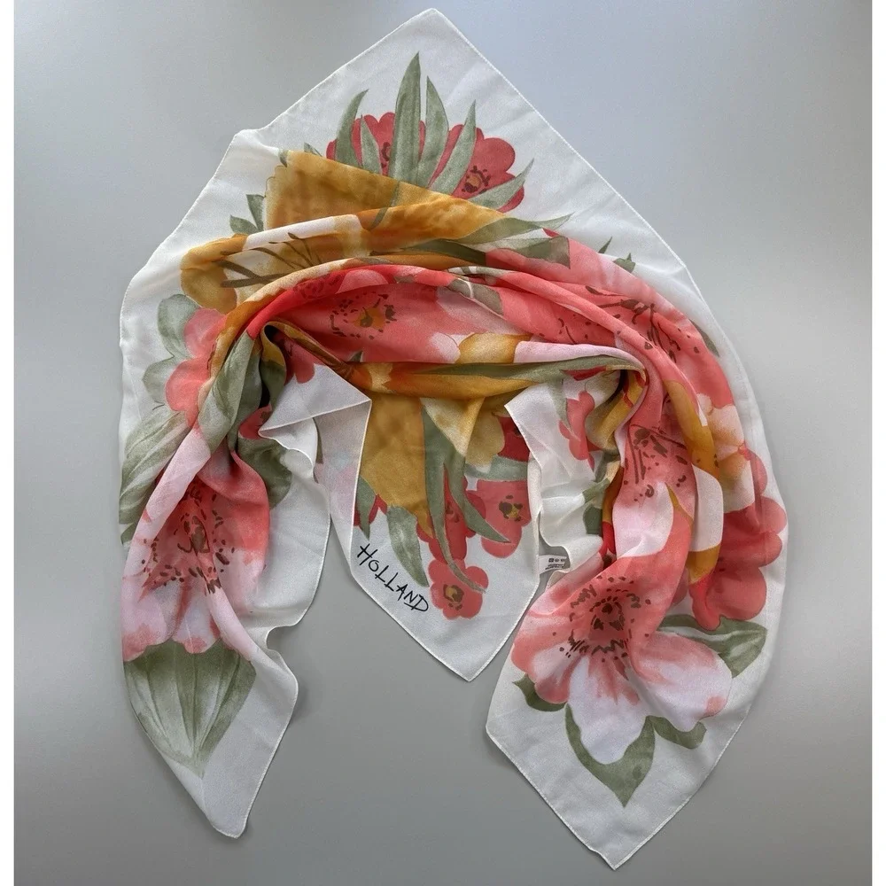 Vintage Holland Floral‎ Scarf Sheer Polyester Pink Yellow Green Square 80s Retro